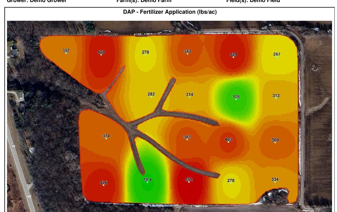 Variable-rate DAP fertilizer prescription map with application rates from 79 to 454 pounds per acre