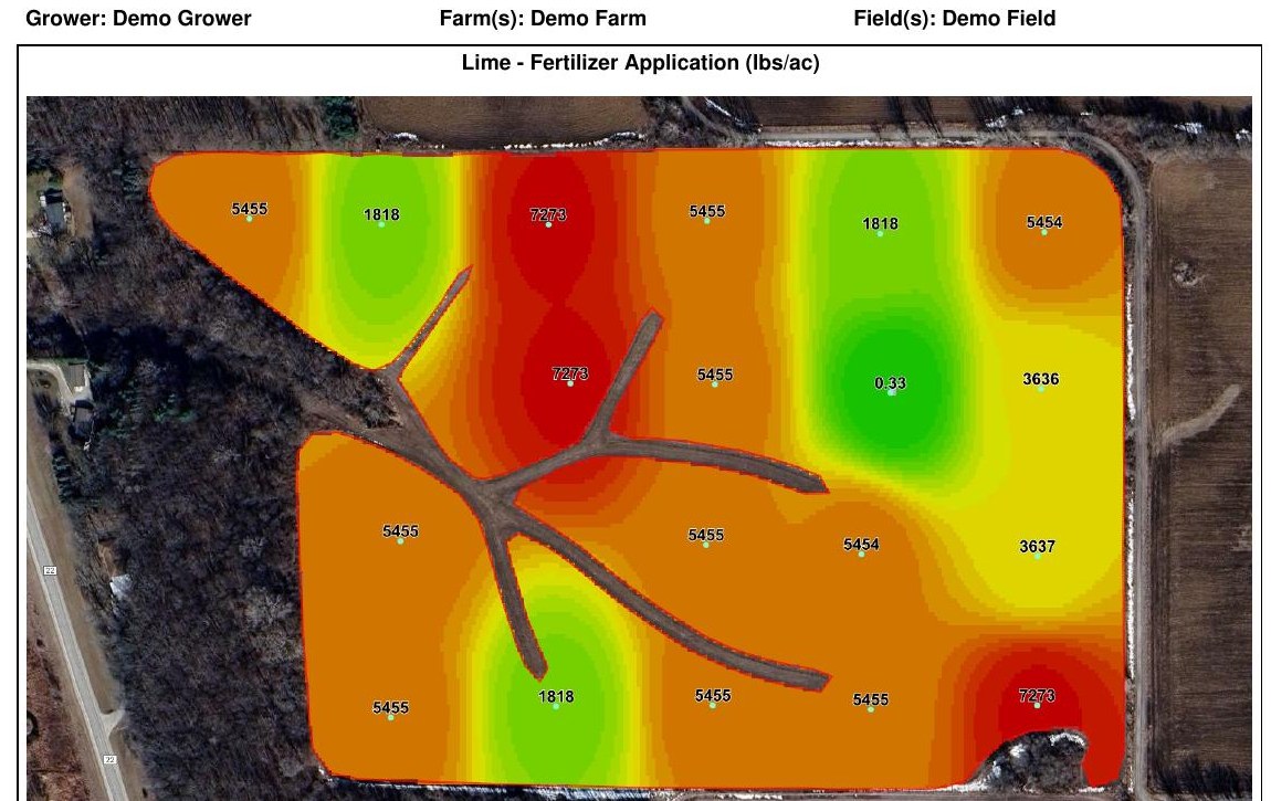 Variable-rate lime prescription map showing pounds-per-acre application zones across a field