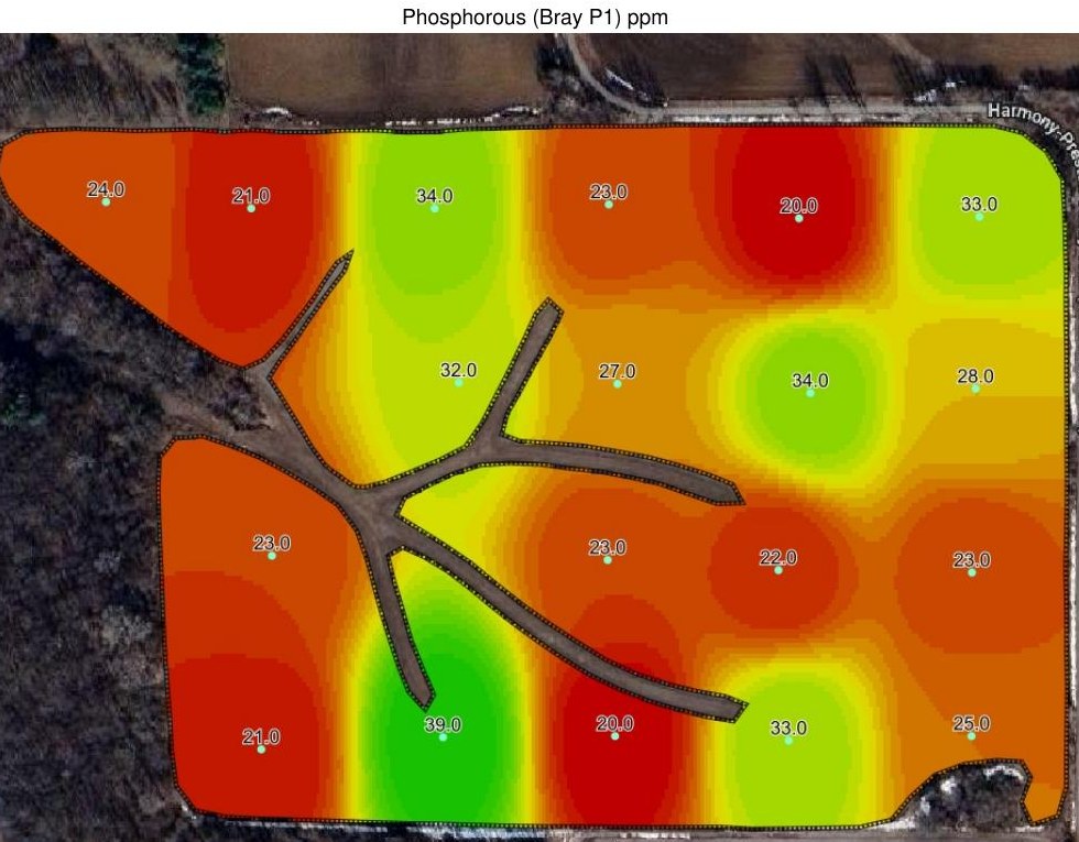 Interpolated phosphorus heatmap showing Bray P1 values across a 47-acre field in red, orange, yellow, and green zones