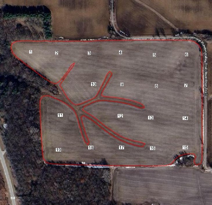 Aerial field map with 19 georeferenced soil sample points overlaid on satellite imagery