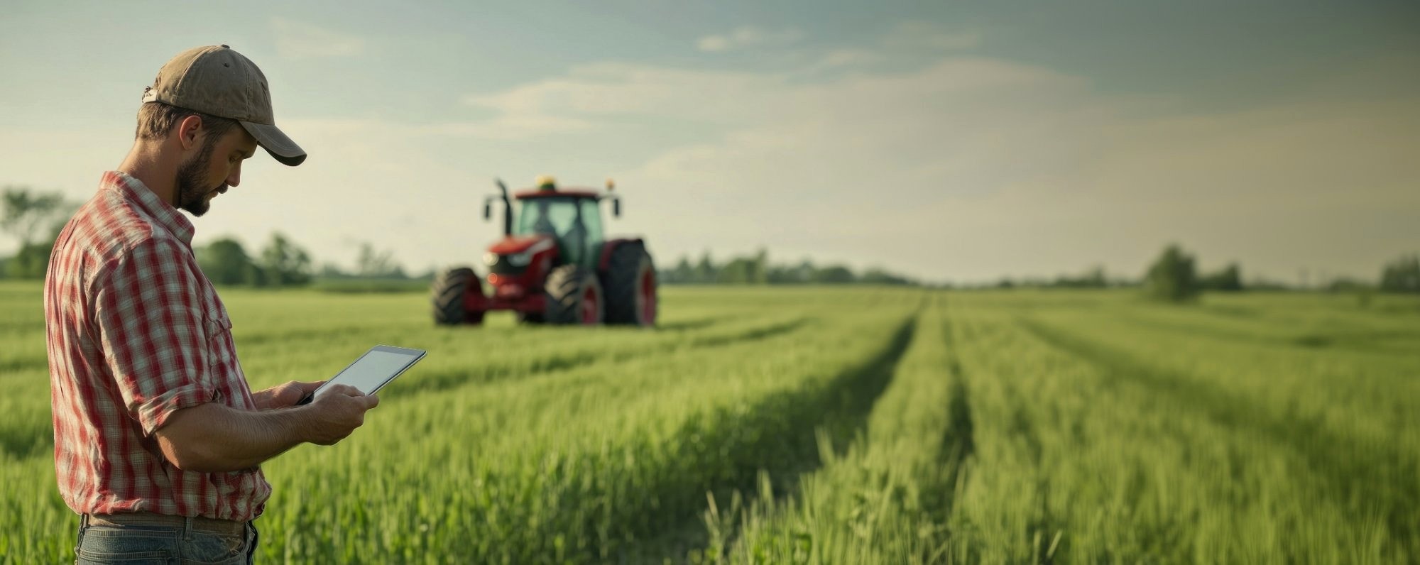 Farmer reviewing field data on tablet with tractor in background
