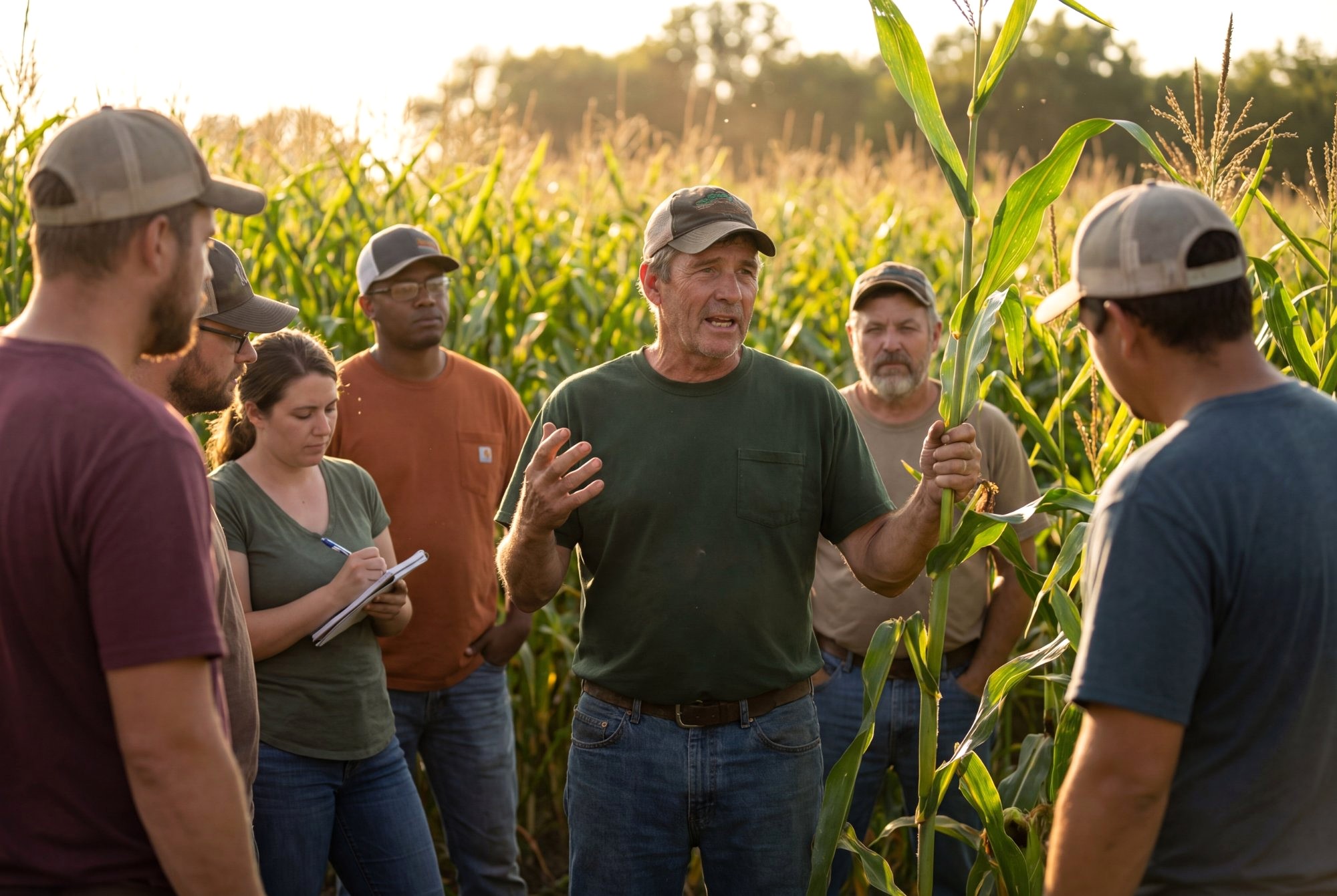 Group of agriculture professionals meeting in a cornfield at golden hour