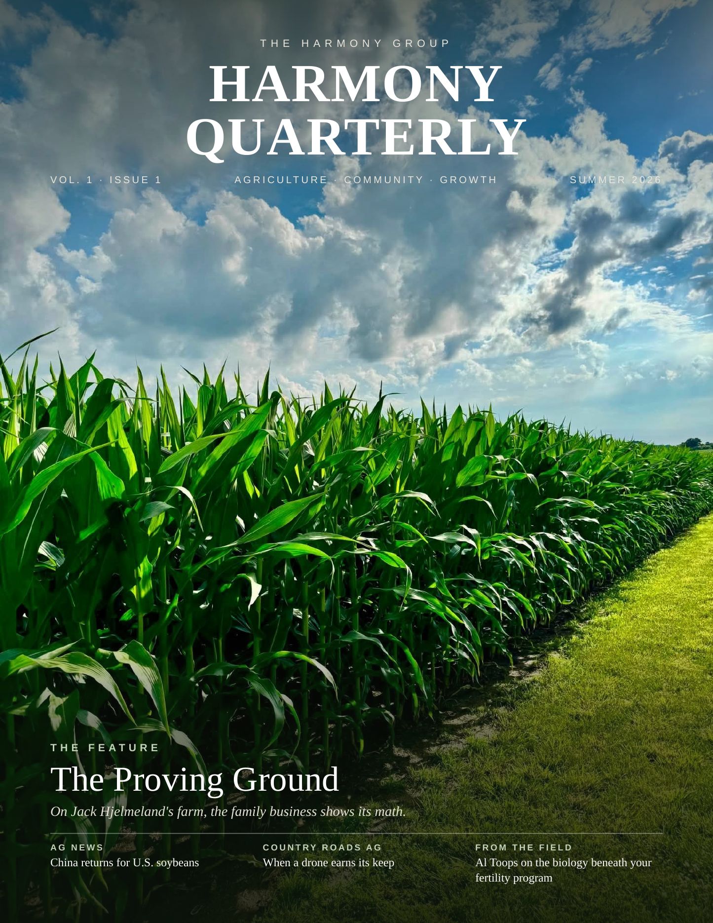 Harmony Quarterly Summer 2026 cover — a corn field under a dramatic summer sky
